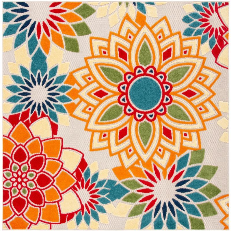 Ivory and Orange Floral Synthetic Square Area Rug