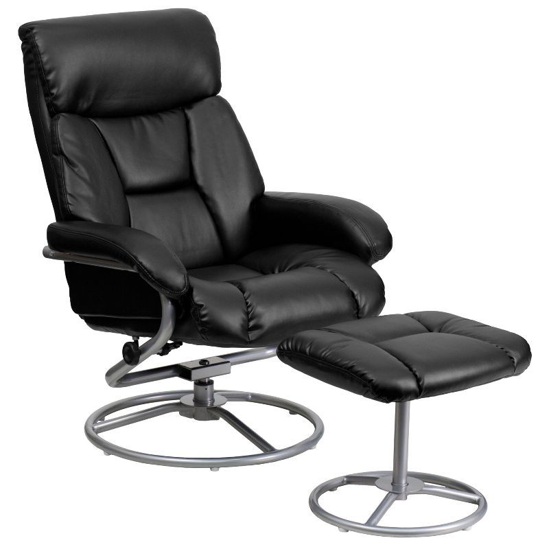 Luxurious Black Leather Swivel Recliner & Ottoman with Metal Base