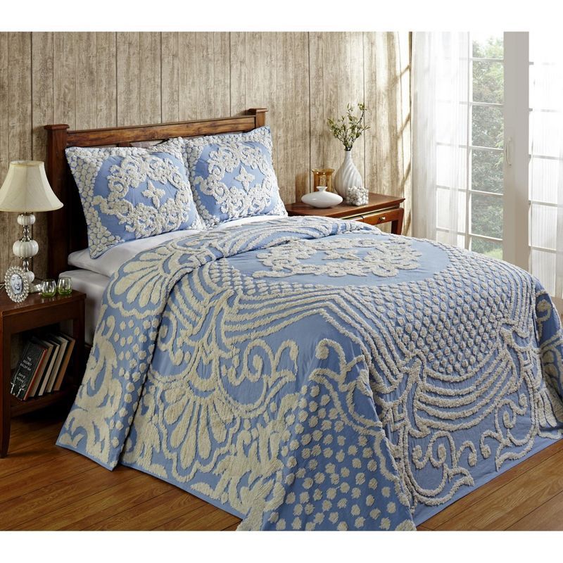 Twin Blue Organic Cotton Reversible Textured Bedspread Set
