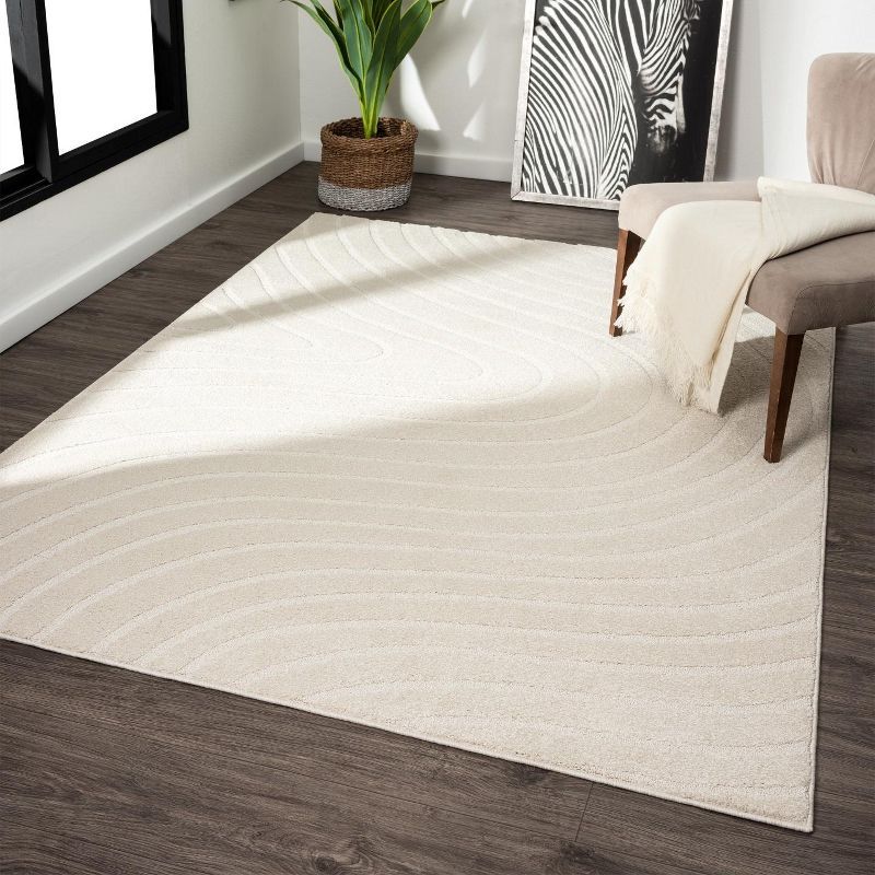 Cream Modern Geometric Wave 9x12 Area Rug