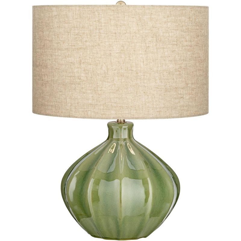 Handcrafted Ribbed Green Ceramic Table Lamp with Oatmeal Drum Shade