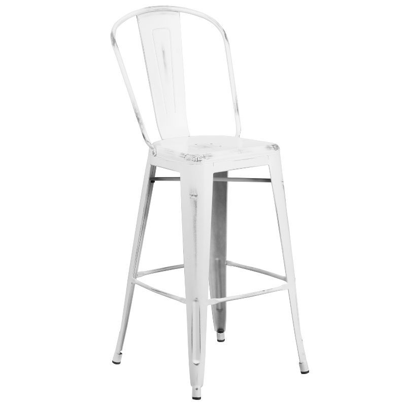Distressed White Metal 30" Bar Stool with Slat Back