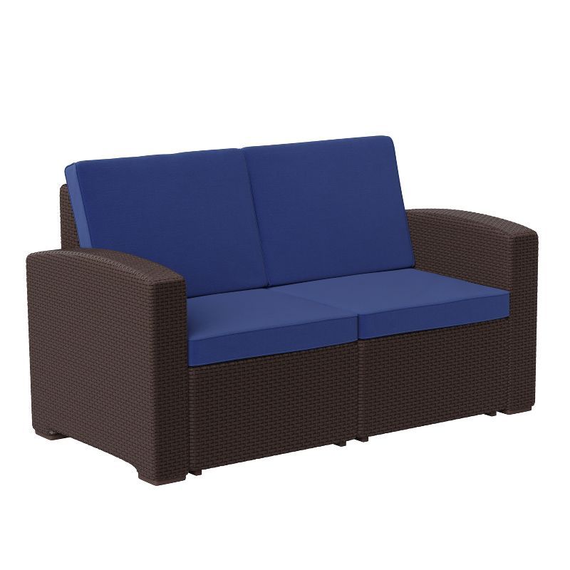 Seneca Brown Faux Rattan Loveseat with Navy Cushions