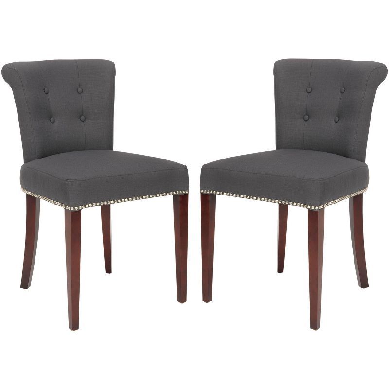 Charcoal Linen Upholstered Dining Side Chair Set with Mahogany Legs