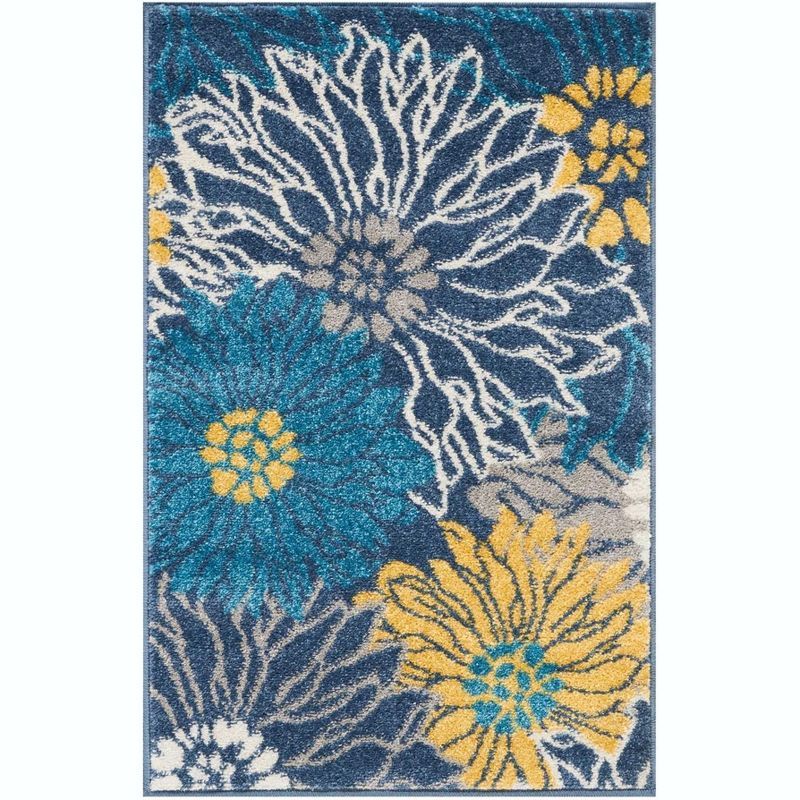 Blue and Yellow Floral Synthetic Easy Care Area Rug