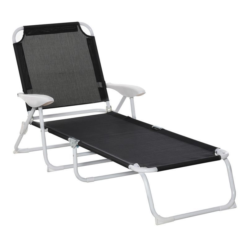 Black Mesh Fabric Folding Outdoor Chaise Lounge with Armrests