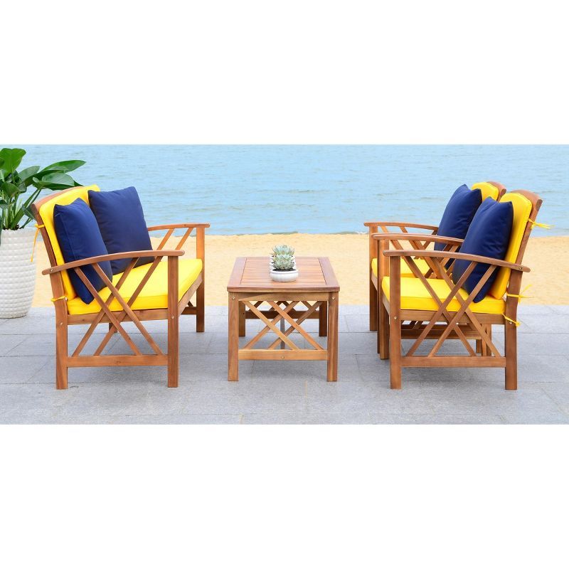 Fontana Natural Acacia Wood 4-Piece Patio Set with Yellow Cushions