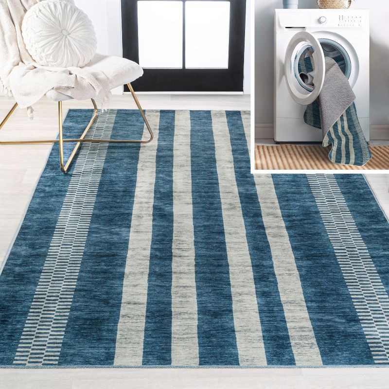 Blue and Cream Striped Machine-Washable Synthetic Area Rug