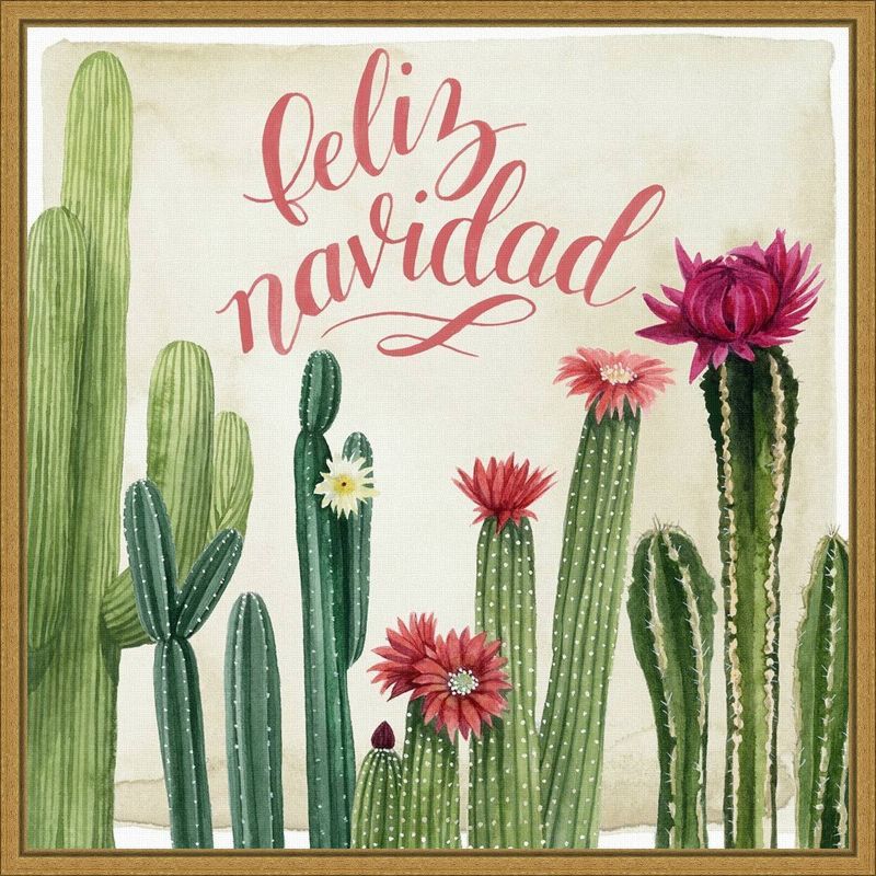 Feliz Navidad Christmas Cactus Print on Canvas with Gold Frame