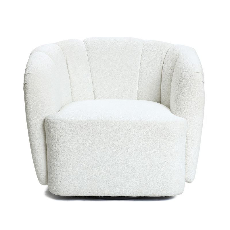 Ivory Boucle Swivel Barrel Accent Chair with Floral Backrest