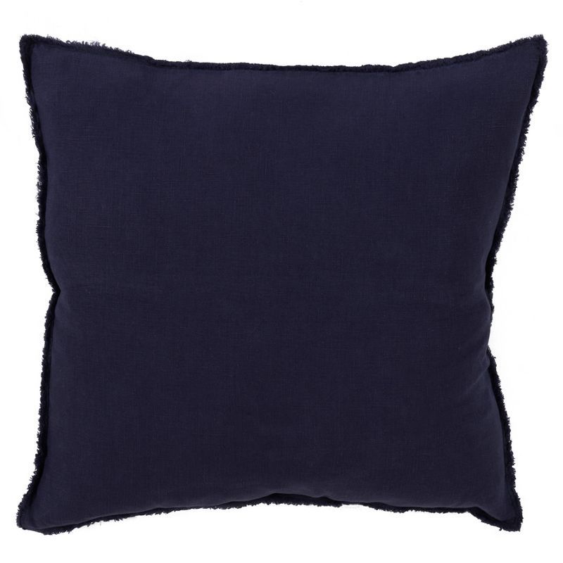 Midnight Blue Linen Square Throw Pillow with Fringed Edges