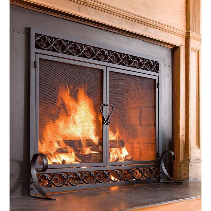 Small Black Cast Iron Scrollwork Fireplace Screen with Doors