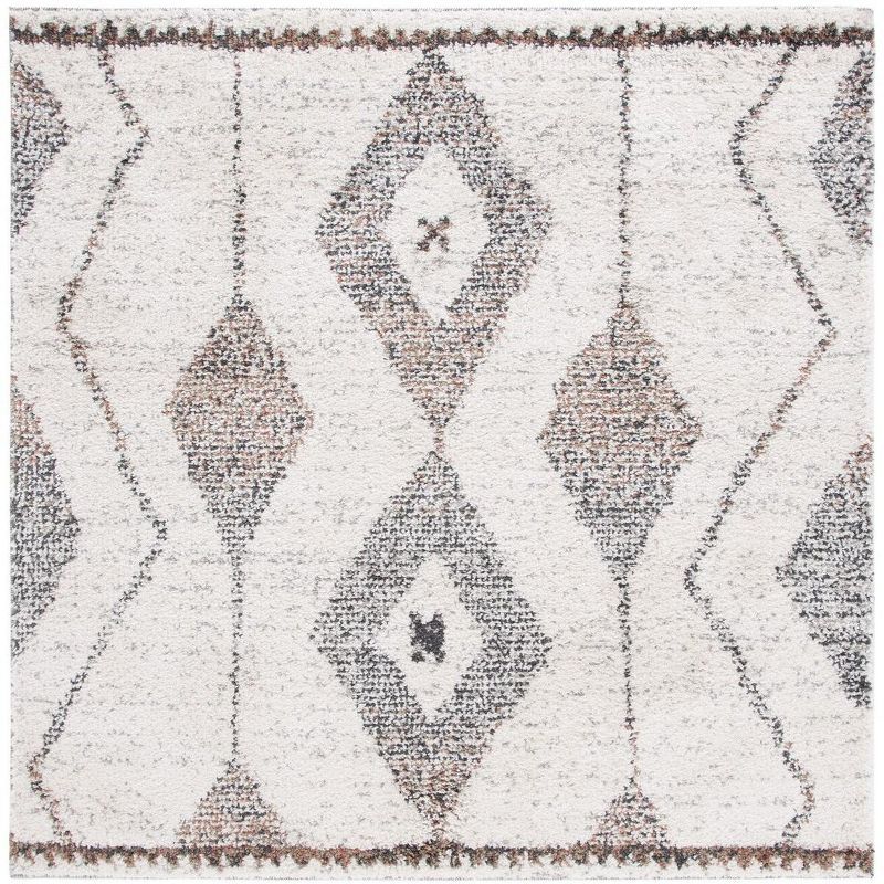 Ivory Geometric Shag Wool and Synthetic Square Rug