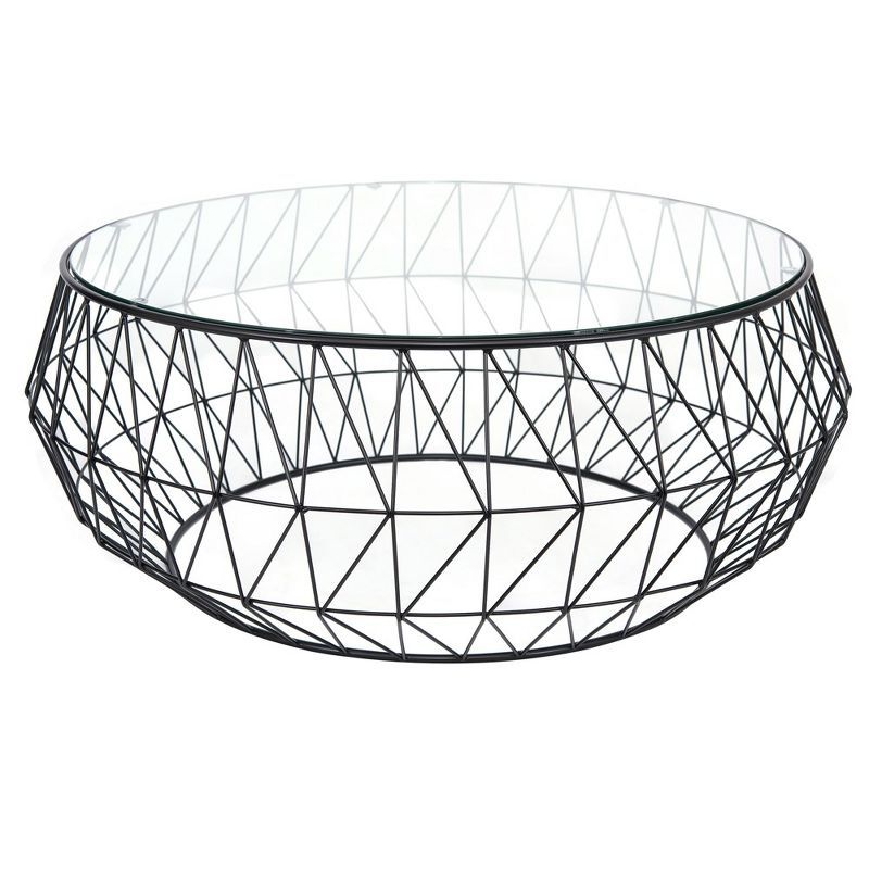 Malibu Modern 35" Round Coffee Table with Black Metal and Glass Top