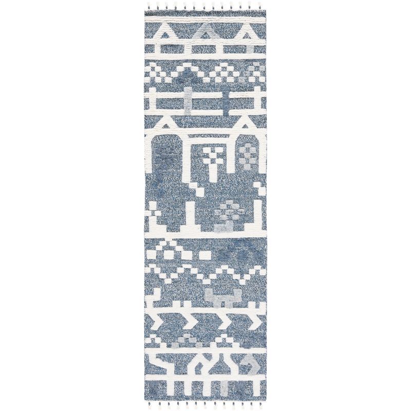 Blue and Ivory Hand-Knotted Wool Shag Runner Rug