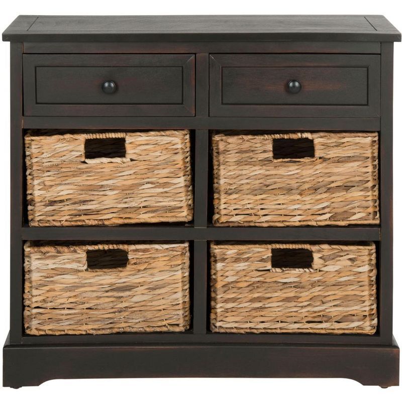 Transitional Pine Wood Storage Unit with 6 Wicker Baskets, Brown