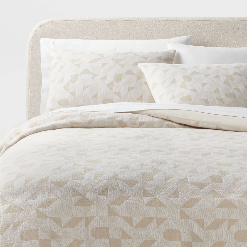 Full/Queen Beige Cotton Geometric Duvet Cover and Sham Set