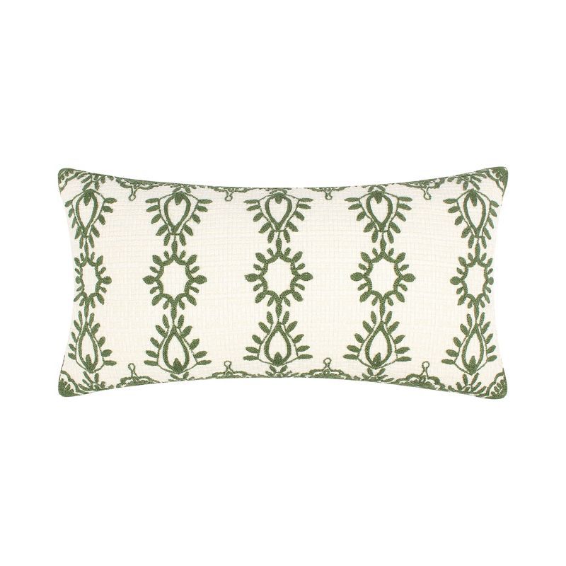 Green and Cream Embroidered Feather Fill Rectangular Pillow