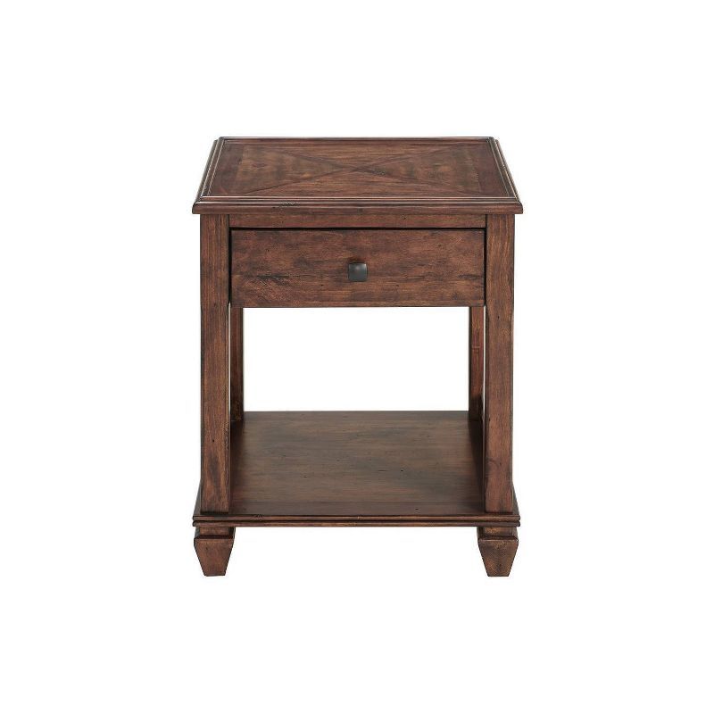 Cherry Pine Wood Square End Table with Drawer and Shelf