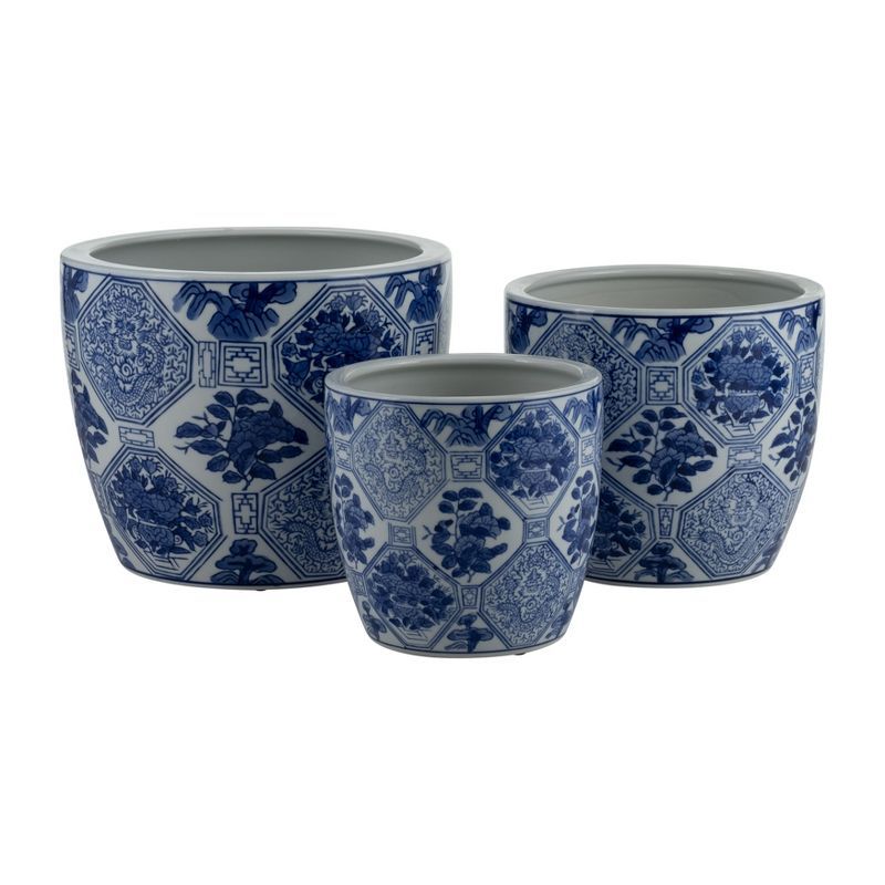 Set of 3 Blue and White Chinoiserie Ceramic Planters