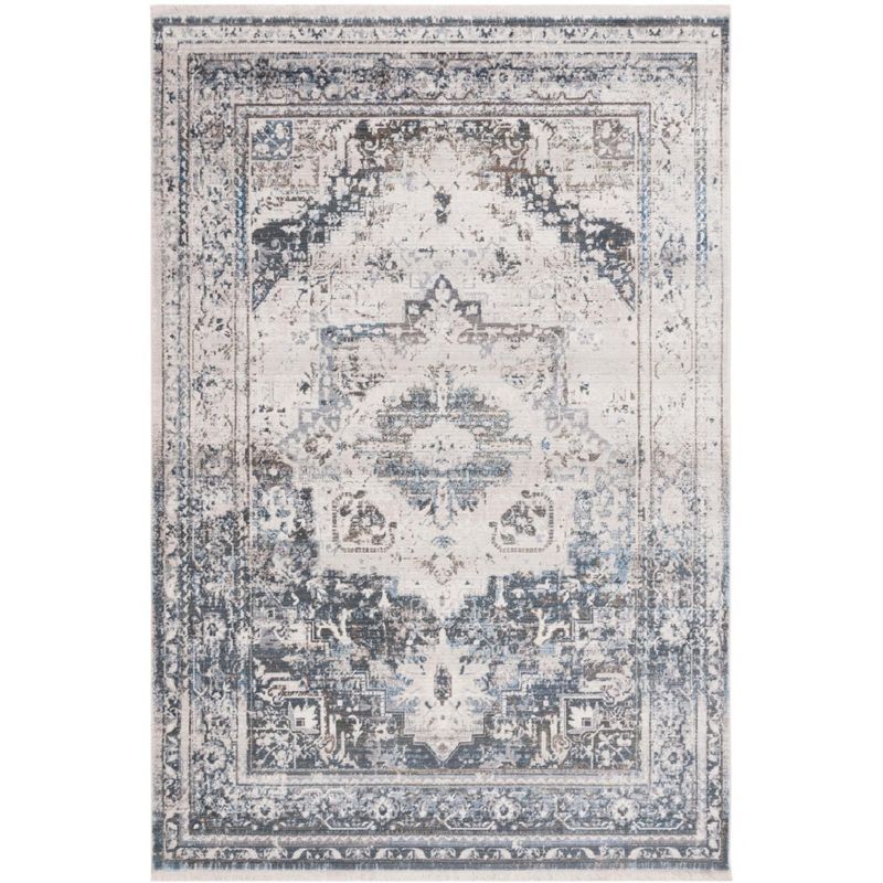 Ivory and Blue Synthetic Hand-knotted Rectangular Area Rug, 5' x 7'