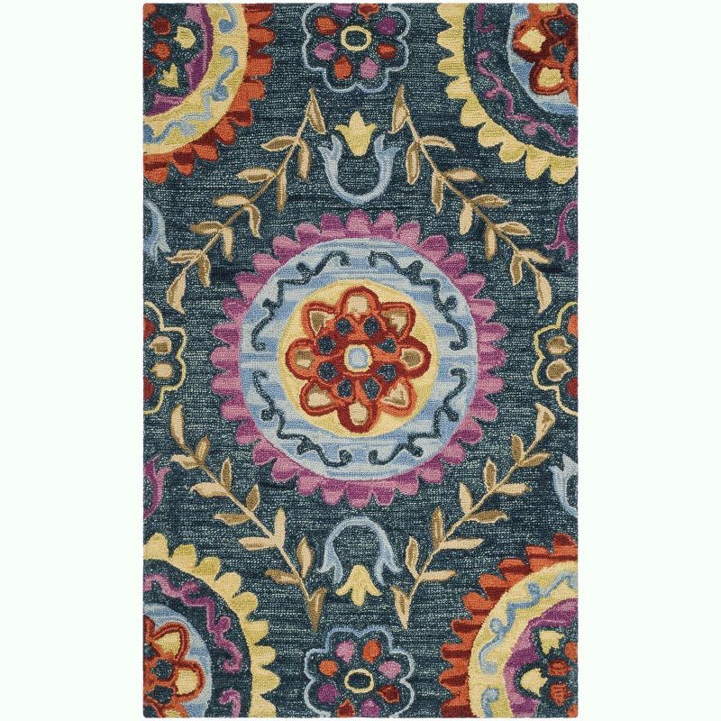 Handmade Blue and Multicolor Floral Wool 3' x 5' Area Rug