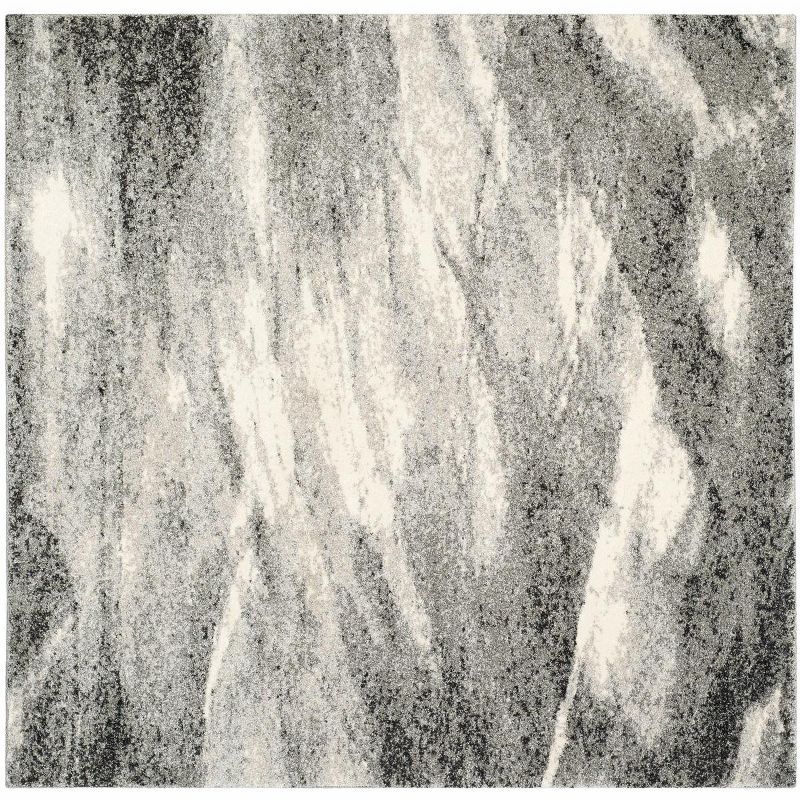 Grey and Ivory Abstract Square Shag Rug, 8' x 8'