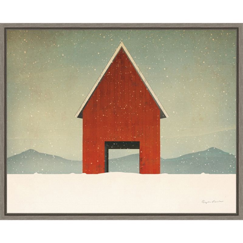 Red Barn Winter Scene Canvas Print in Greywash Frame