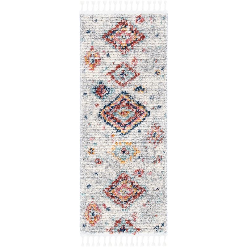 Ivory and Multi Diamond Pattern Synthetic Runner Rug