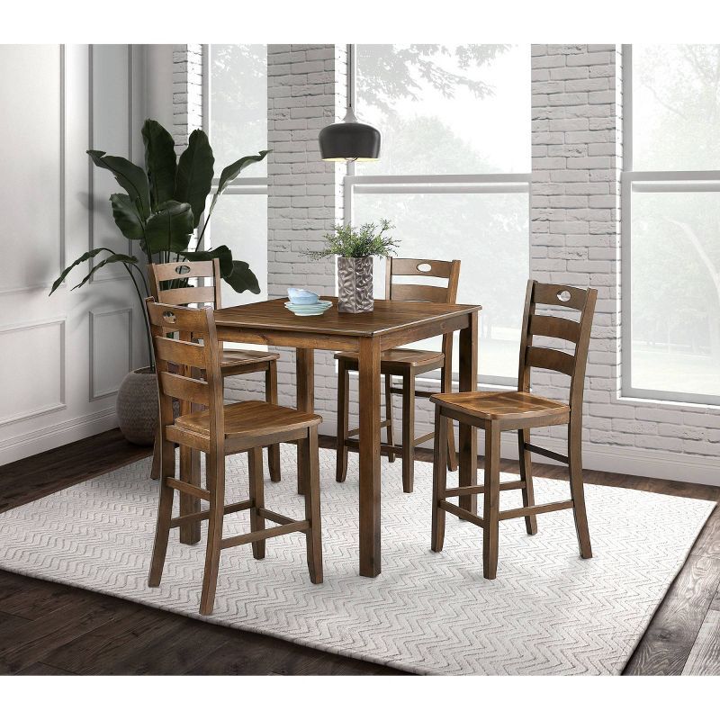 Walnut 5-Piece Square Counter Height Dining Set with Ladder-Back Chairs