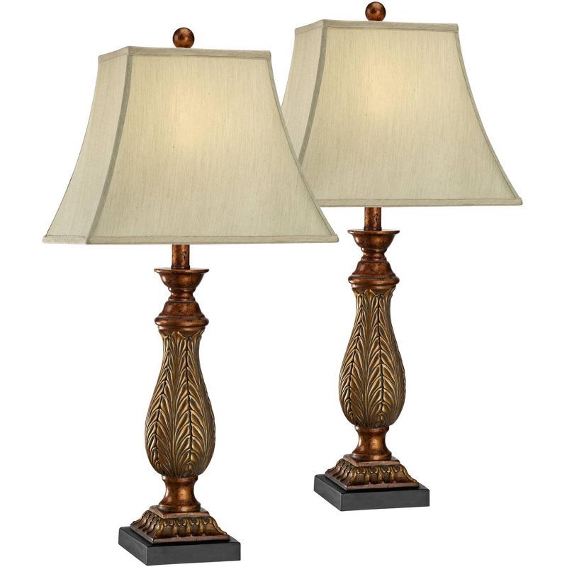 Acanthus-Inspired Gold Leaf Dual Table Lamp Set with Linen Shades