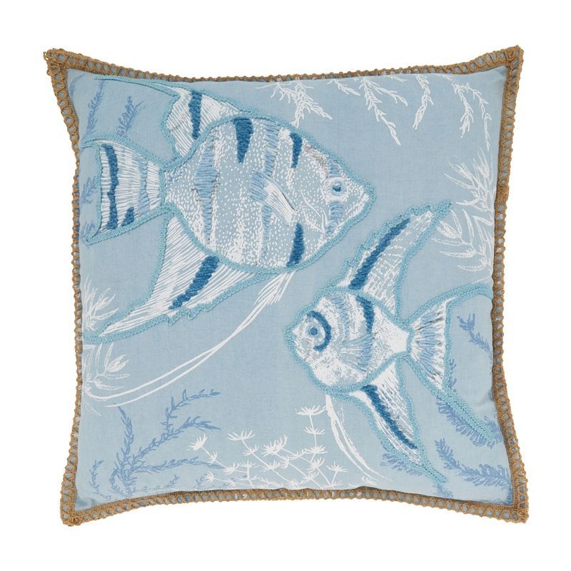 Seaside Splash Blue Cotton Fish Throw Pillow Cover 20x20