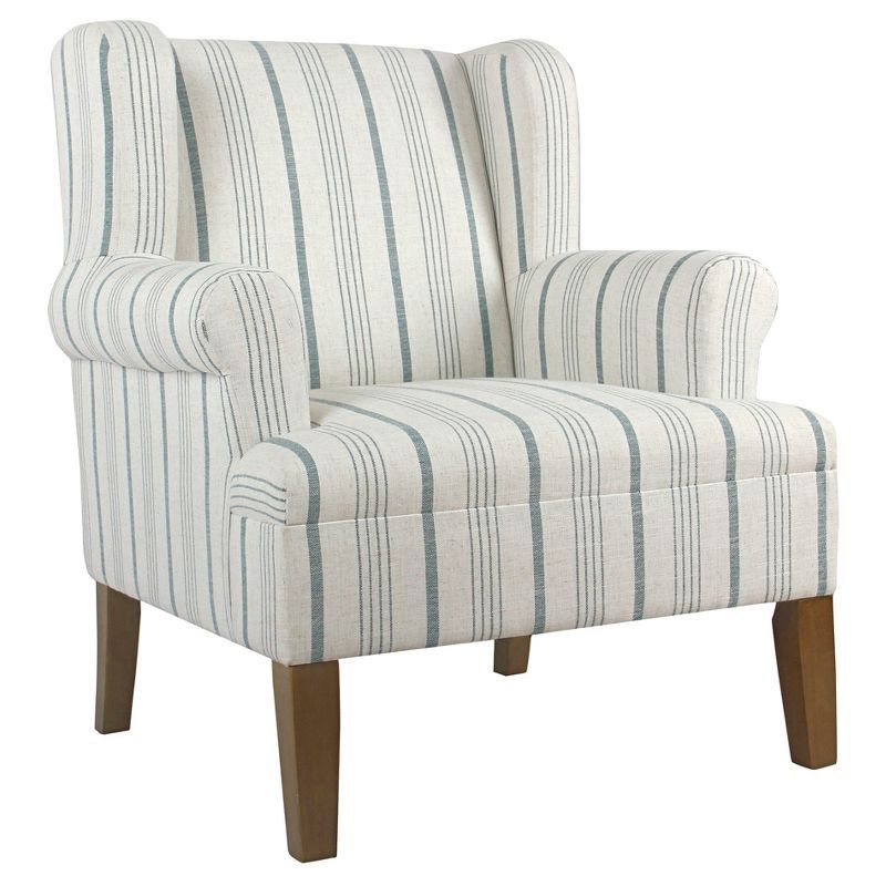 Blue Striped Rolled Arm Accent Chair with Wood Legs