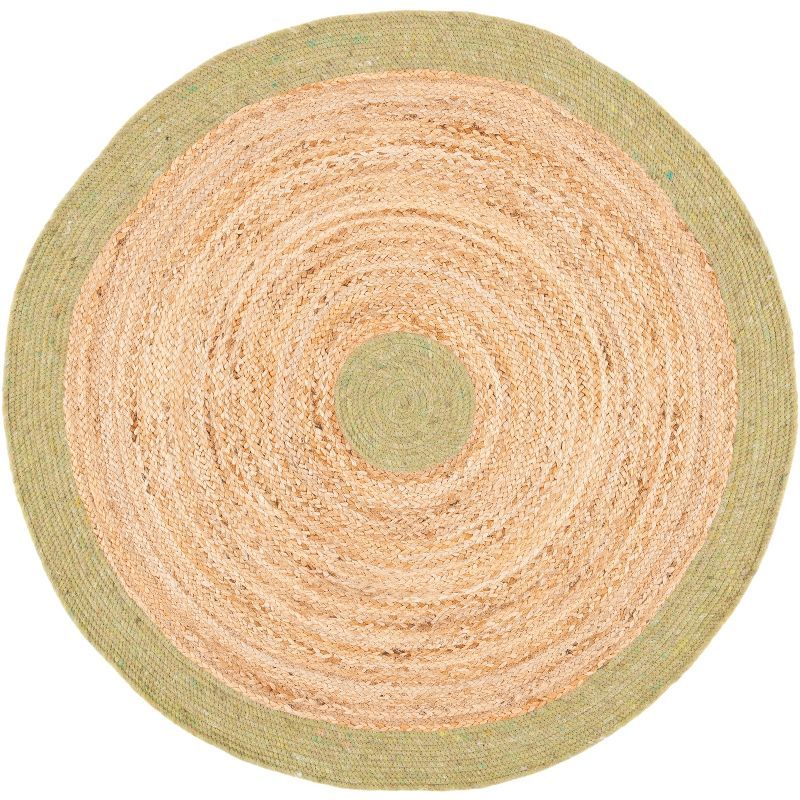 Handmade Green and Natural Round Braided Wool Cotton Rug