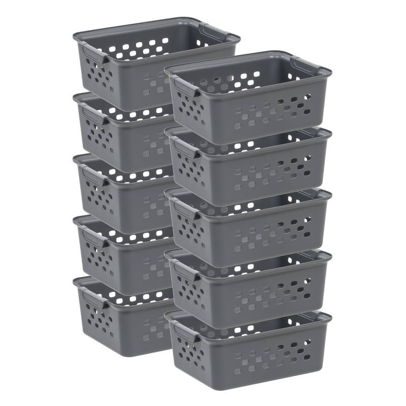 Gray Small Plastic Storage Baskets with Handles, 10-Pack