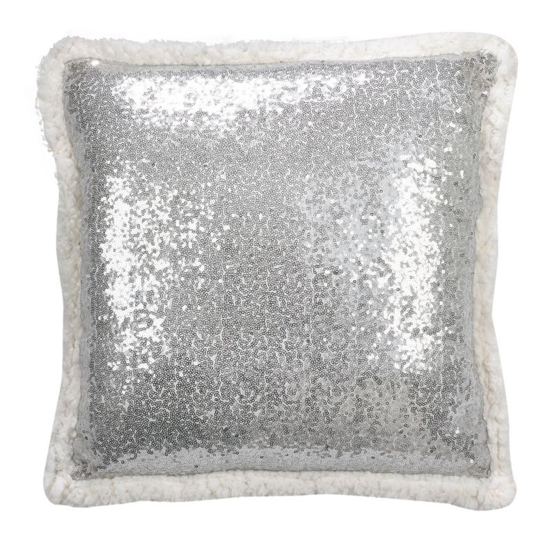 18" Silver Sequin and Faux Shearling Square Throw Pillow