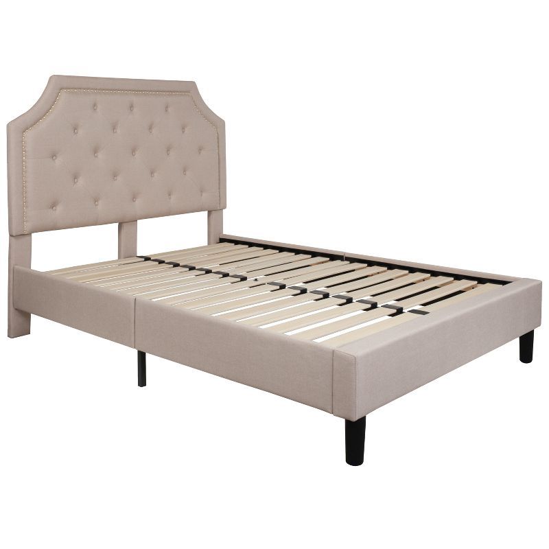 Transitional Beige Full Platform Bed with Tufted Nailhead Trim Headboard