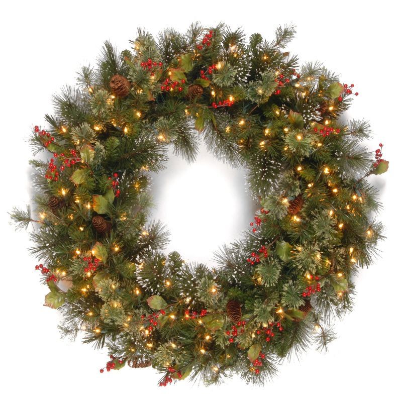 48" Prelit Wintry Pine Artificial Christmas Wreath with Pine Cones and Berries