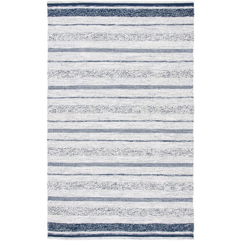 Ivory and Navy Striped Wool Cotton 8' x 10' Area Rug