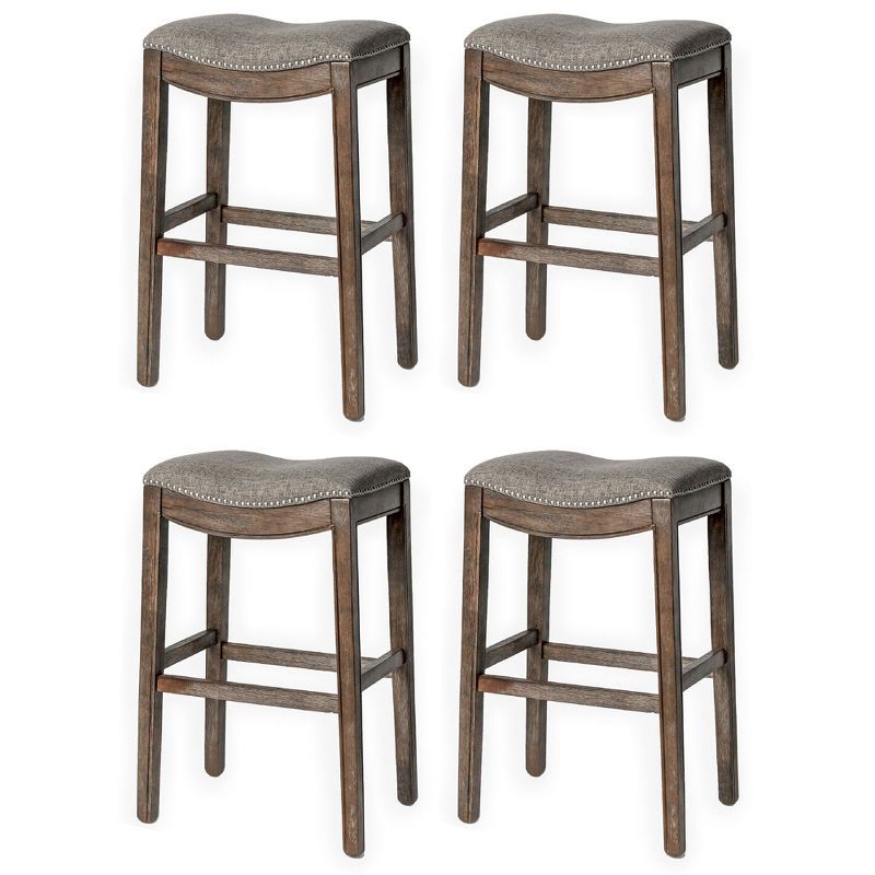 Elegant Gray Wirebrush Wood Saddle Kitchen Stool, Set of 4