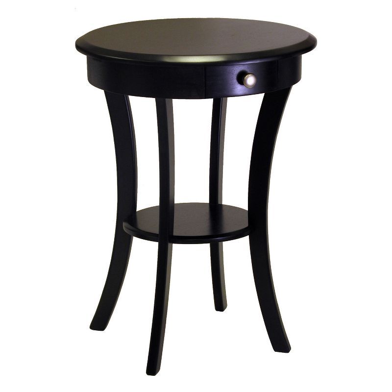 Transitional Sasha 20" Round Black Wood & Stone Table with Storage