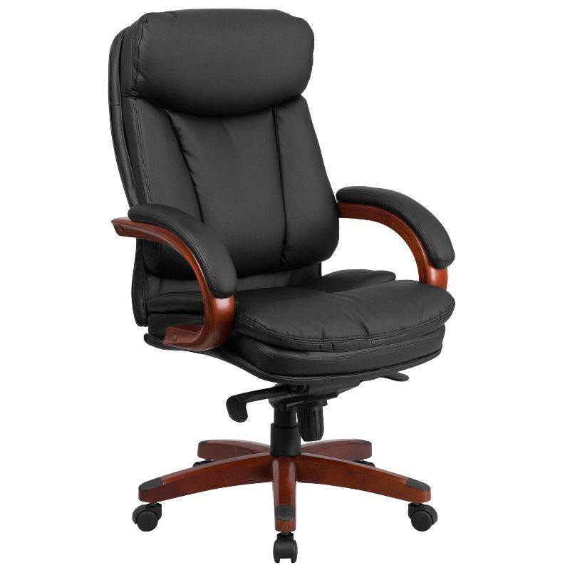 High Back Black Leather Executive Swivel Office Chair with Mahogany Wood Base