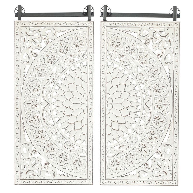 Distressed Ivory White Wood Floral Wall Art Set with Iron Bar