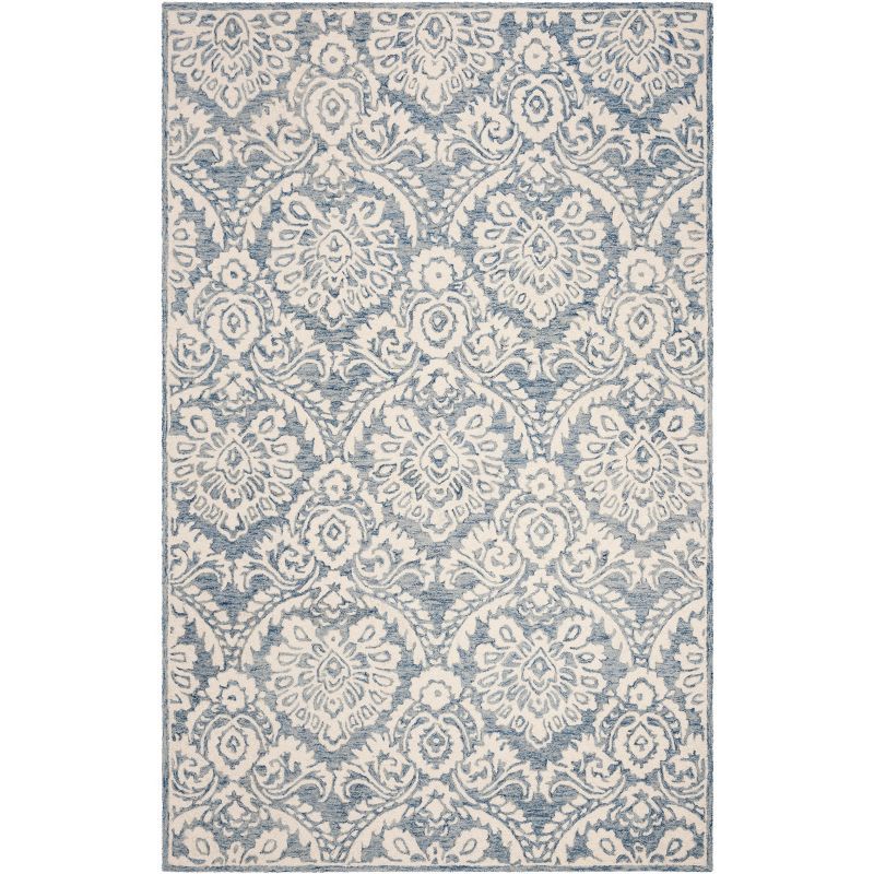 Ivory and Blue Floral Tufted Wool Rectangular Rug, 5' x 8'