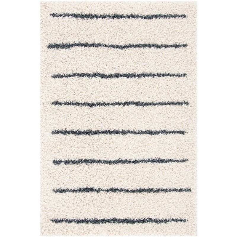Ivory and Dark Grey Striped Shag Area Rug, 4' x 6', Synthetic