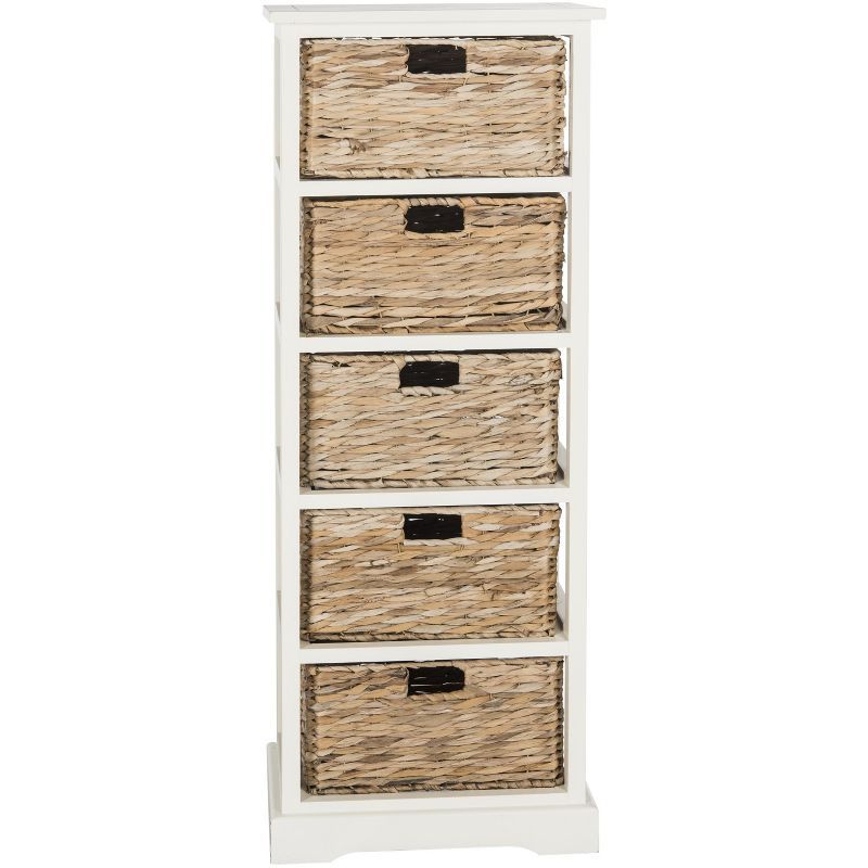 Coastal Breeze White Pine 5-Drawer Wicker Basket Storage Tower