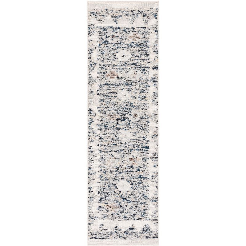 Ivory Geometric Hand-Knotted Wool Shag Rug, 2'3" x 8'