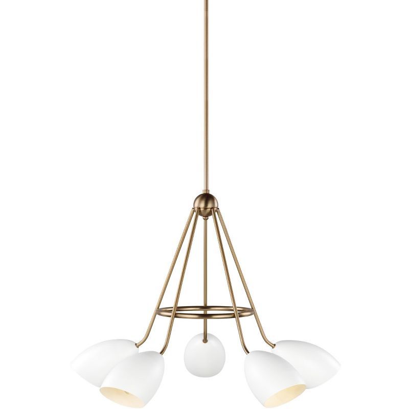 Satin Bronze and Matte White 5-Light Chandelier with Steel Shades