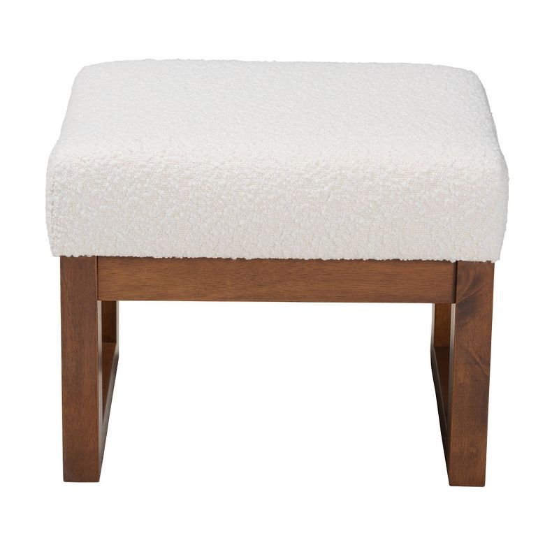 Off-White Boucle Upholstered Walnut Wood Ottoman Footstool