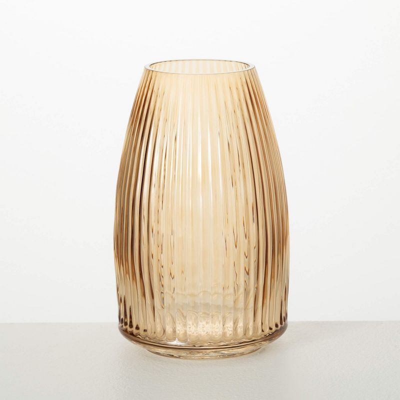 Amber Ribbed Glass Decorative Vase, 10.5"